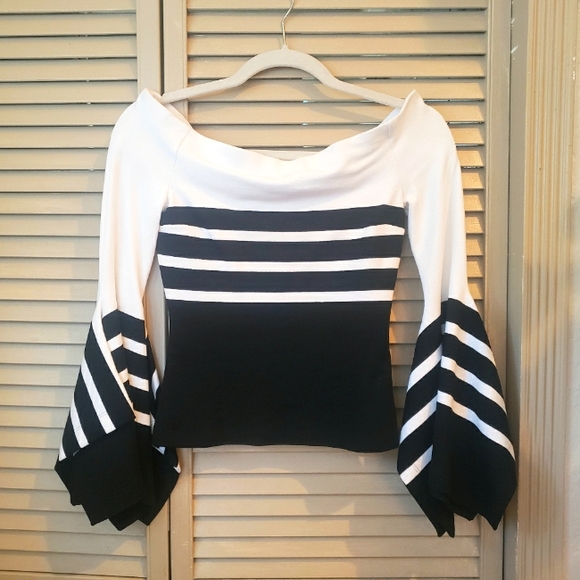 🌱 Rosetta Getty Off the Shoulder Crop Top Black White Stripe Sz 0/XS - Picture 5 of 9